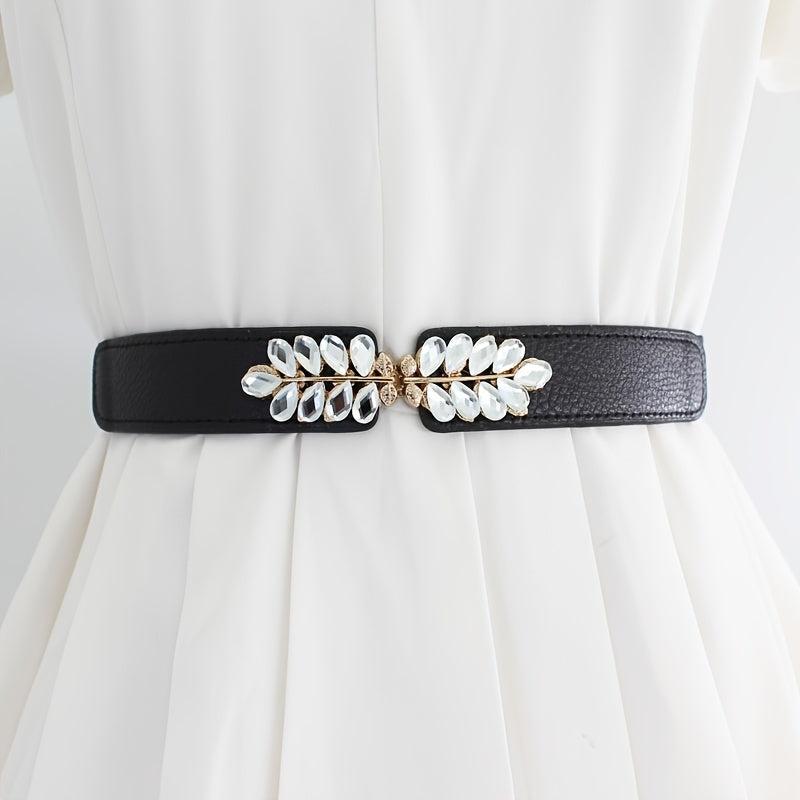 Women's Flower & Leaf Rhinestone Elastic Belt All-match Waist Cover