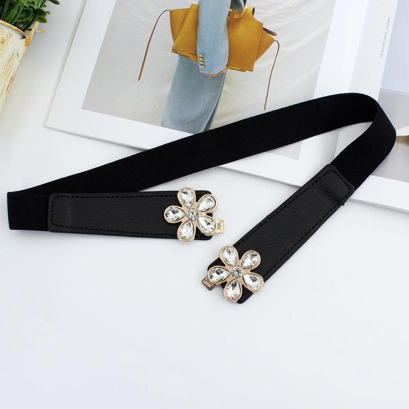 Women's Flower & Leaf Rhinestone Elastic Belt All-match Waist Cover