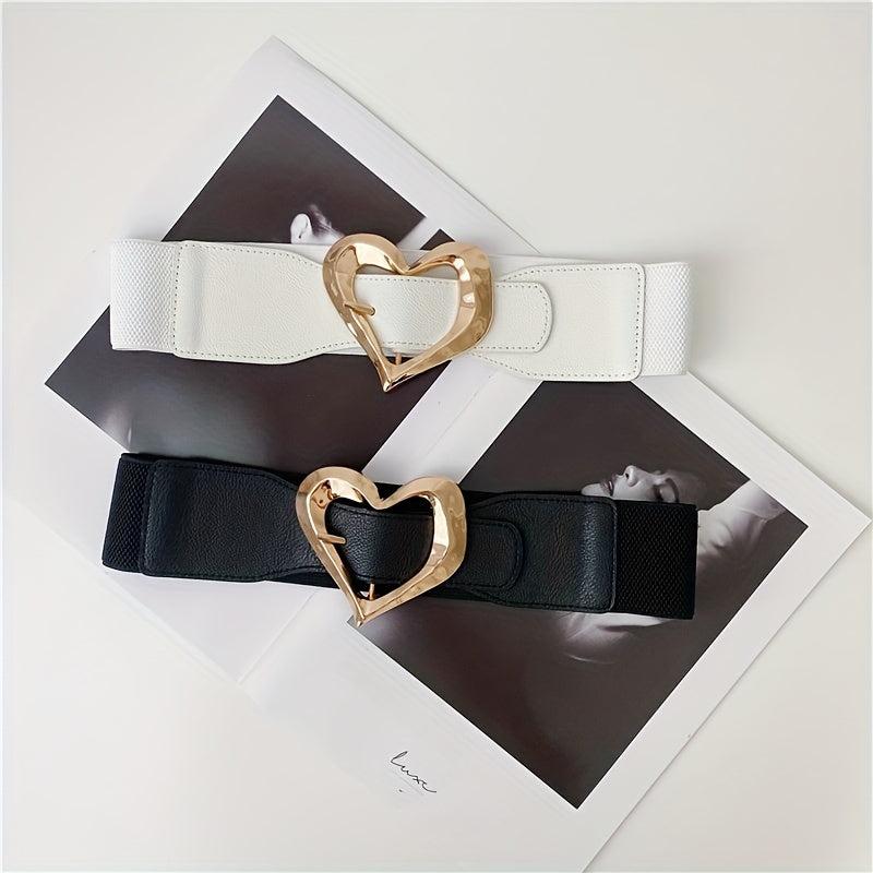Golden Heart Buckle Wide Belt Elastic Waistband for Women