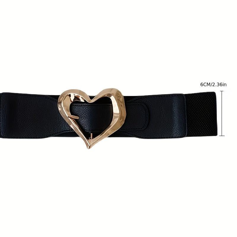 Golden Heart Buckle Wide Belt Elastic Waistband for Women