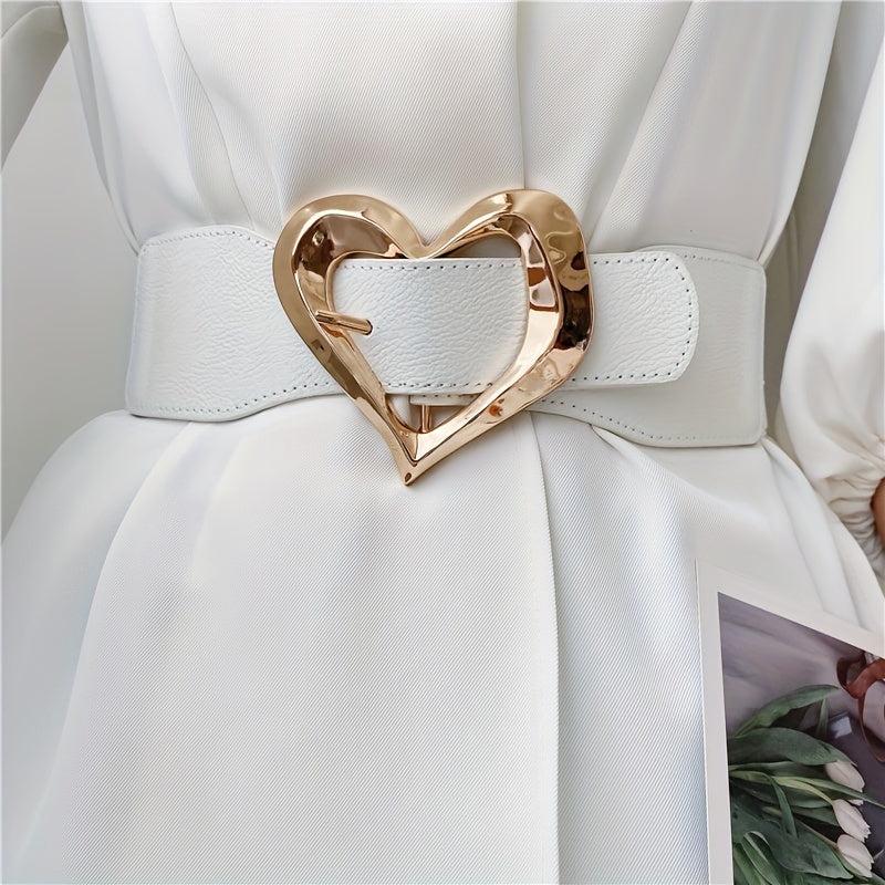 Golden Heart Buckle Wide Belt Elastic Waistband for Women
