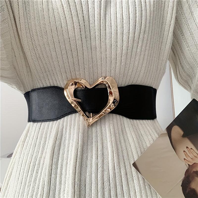 Golden Heart Buckle Wide Belt Elastic Waistband for Women