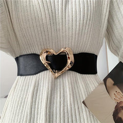 Golden Heart Buckle Wide Belt Elastic Waistband for Women