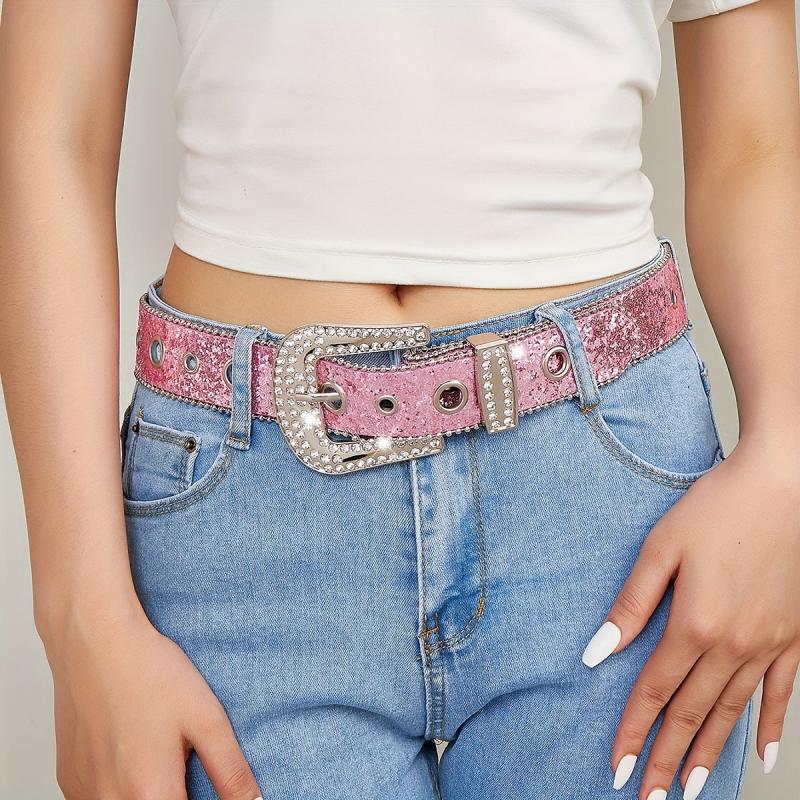 Pink Glitter Y2K PU Belt Hip Hop Jeans Pants Belt Sequin Sparkling