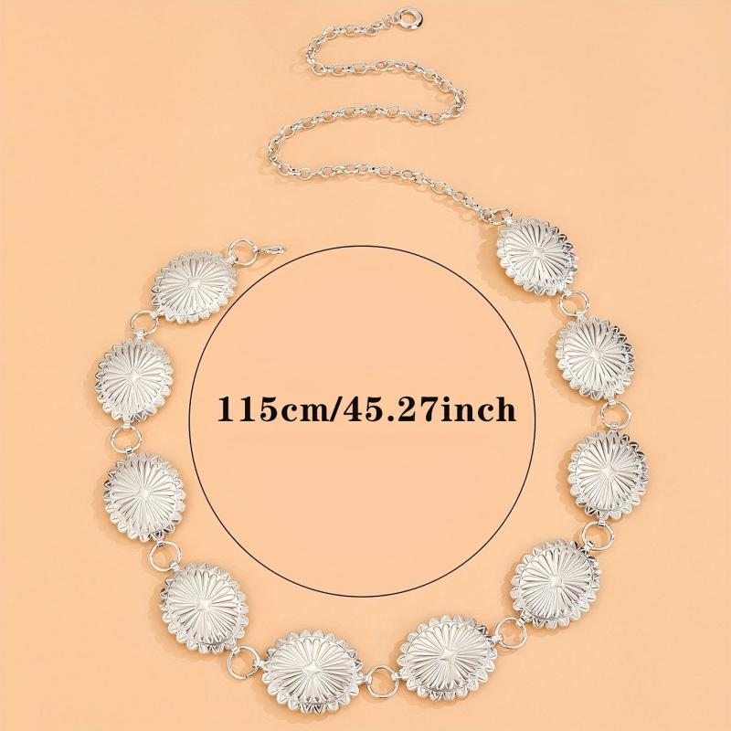 Boho Silver Flower Chain Belt Vintage Western Disc Metal Waist Chain