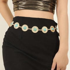 Boho Silver Flower Chain Belt Vintage Western Disc Metal Waist Chain