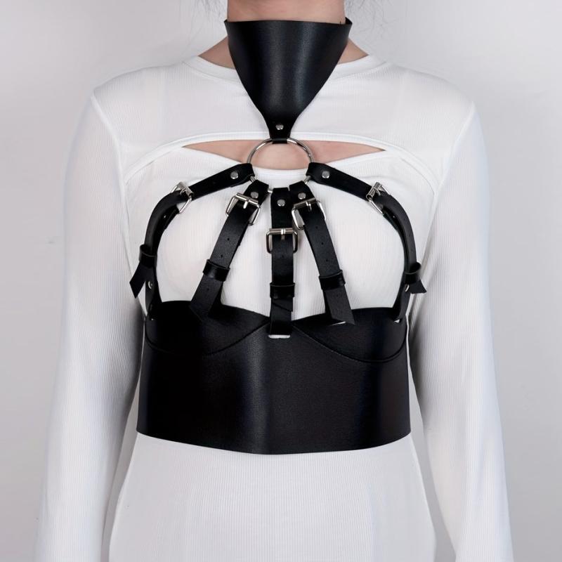 Gothic PU Leather Hollow Rivet Cage Bra Harness Belt Corset Waistband