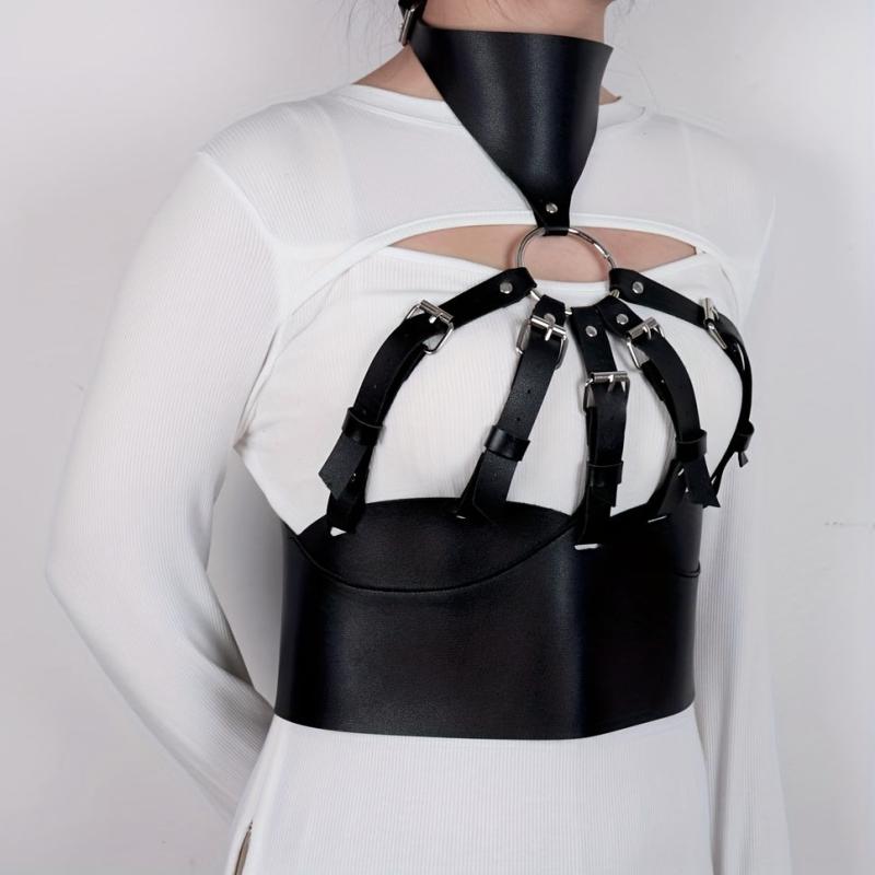 Gothic PU Leather Hollow Rivet Cage Bra Harness Belt Corset Waistband