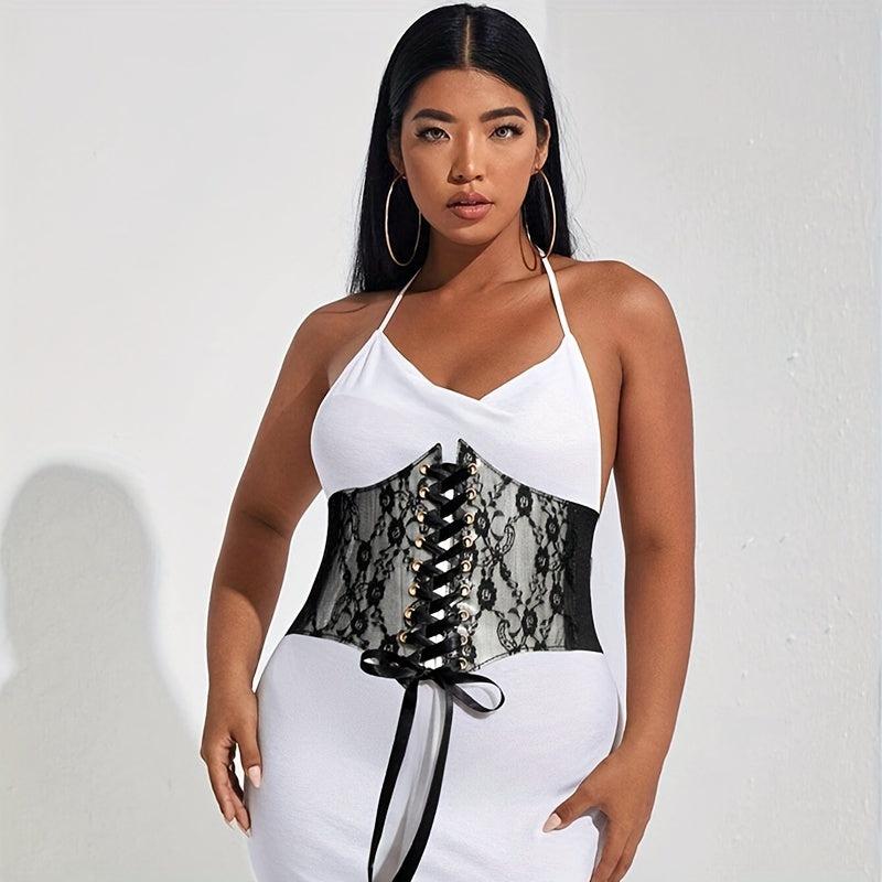  Lace-Up Corset Belt with Bowknot - Elastic Waistband Solid Design