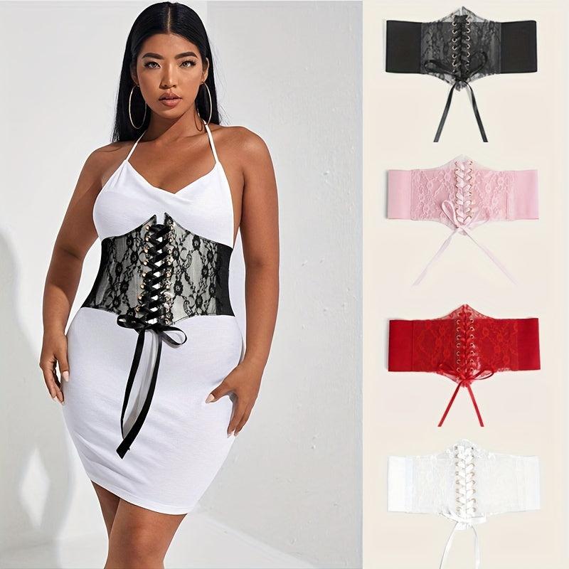  Lace-Up Corset Belt with Bowknot - Elastic Waistband Solid Design