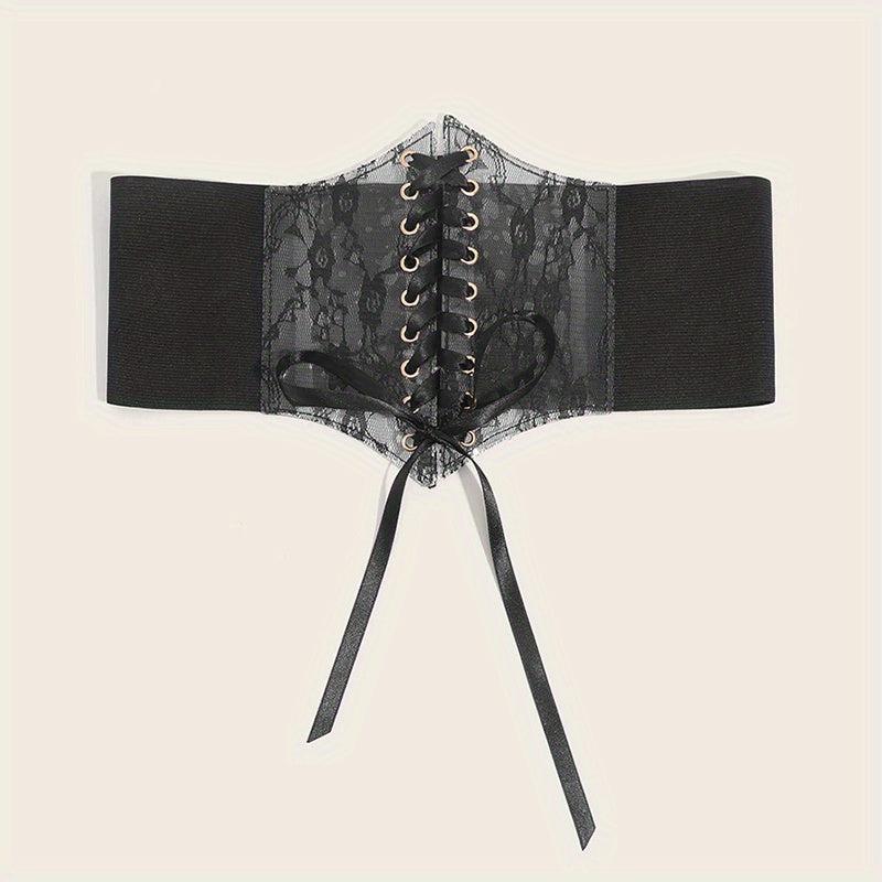  Lace-Up Corset Belt with Bowknot - Elastic Waistband Solid Design