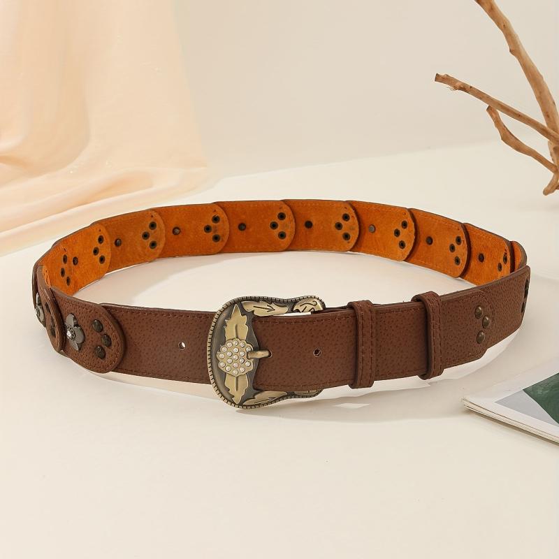 Vintage Flower Rivet Brown Belt Boho Carved Buckle Rhinestone Belt