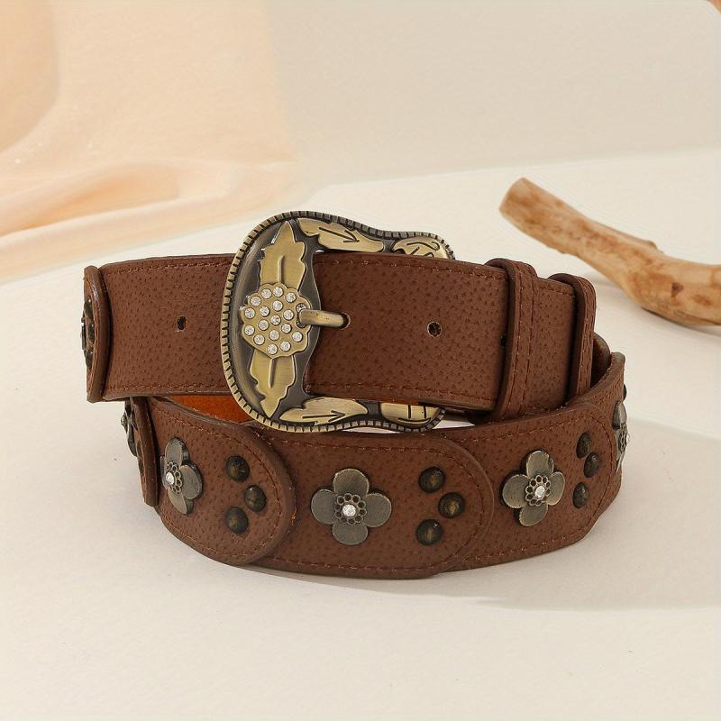 Vintage Flower Rivet Brown Belt Boho Carved Buckle Rhinestone Belt