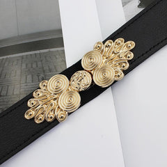 Wide Elastic Waist Belt Floral Buckle Women Vintage Dress Sweater Coat
