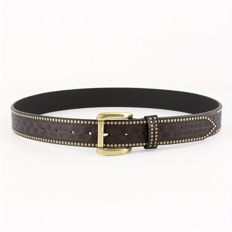  Vintage Rivet Belt Square Pin Buckle Flower Embossed PU Belt