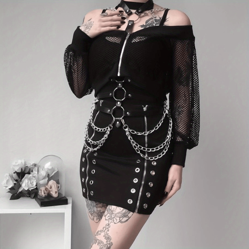 Gothic Chain Fringe Harness Tassel Suspenders Punk PU Leather Belt