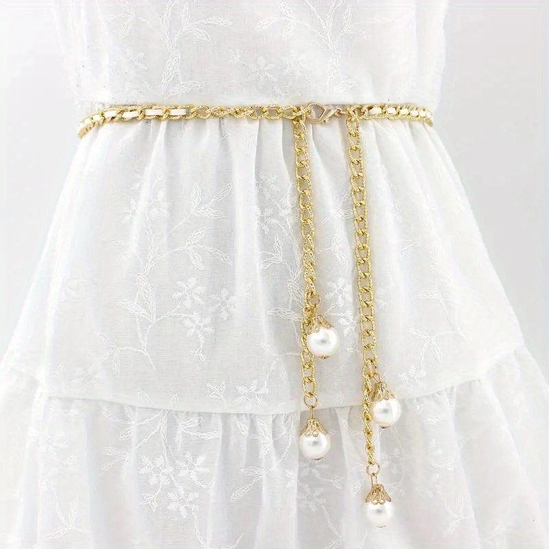 Golden Braided Waist Chain Faux Pearl Pendant for Women