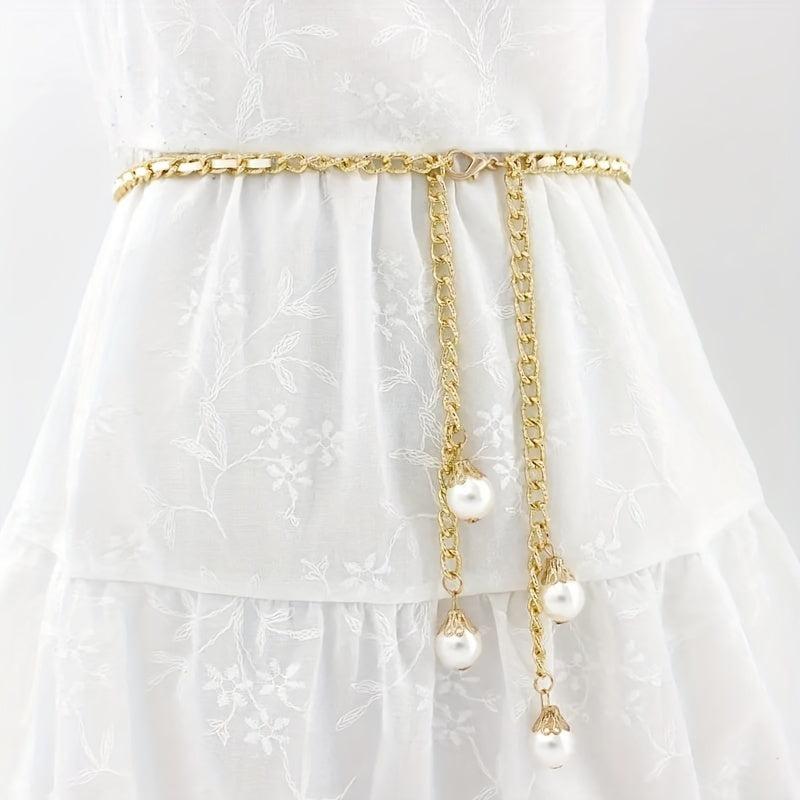Golden Braided Waist Chain Faux Pearl Pendant for Women