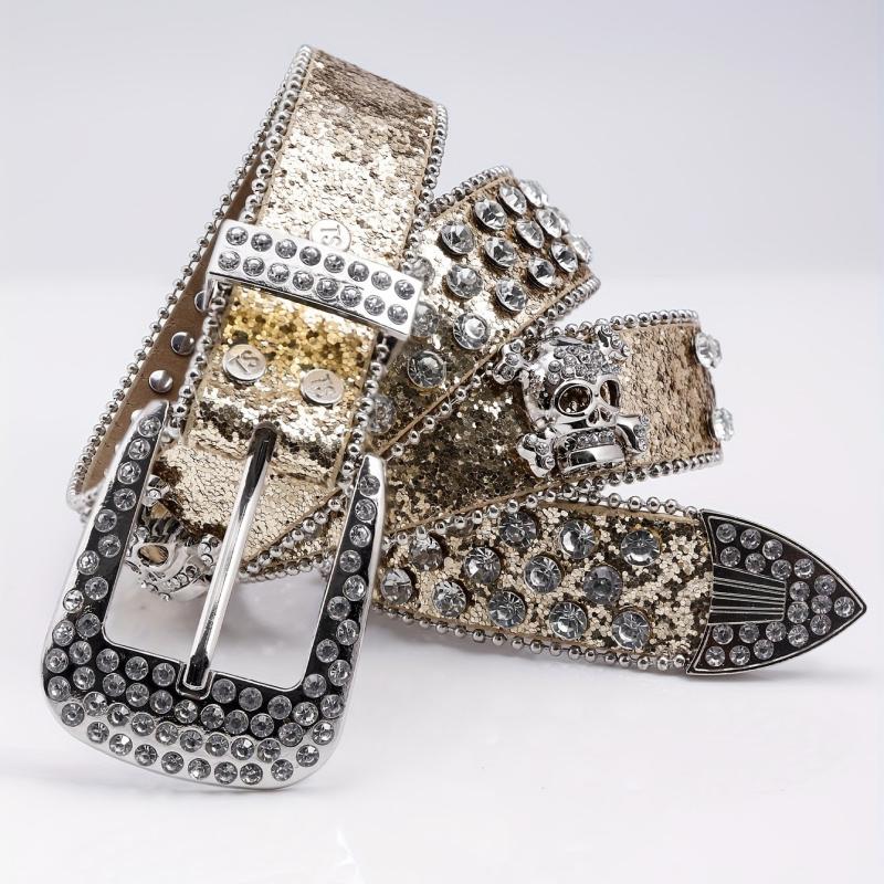 Punk Skull Rhinestone Belt Glitter Sequins Rivet PU Jeans Belt