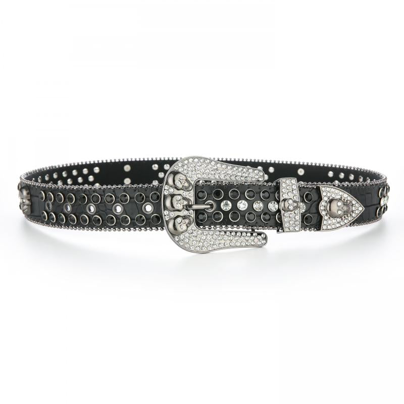 Y2K Rhinestone Skull Buckle Leopard Belt Hip Hop Cowboy Cowgirl PU Leather
