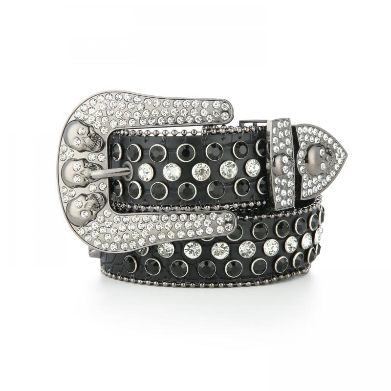 Y2K Rhinestone Skull Buckle Leopard Belt Hip Hop Cowboy Cowgirl PU Leather