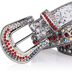 Y2K Silvery & Red Glitter PU Belt Rhinestone Decor Hip Hop Jeans Pants Belt