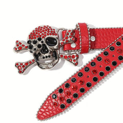 Red Hip Hop Skull Rivet Belt Sparkling Rhinestone PU Leather Belt