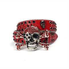 Red Hip Hop Skull Rivet Belt Sparkling Rhinestone PU Leather Belt