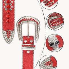 Red Rhinestone Hip Hop Belt Skull Rivet Decor Glitter Sparkling PU Leather Belt