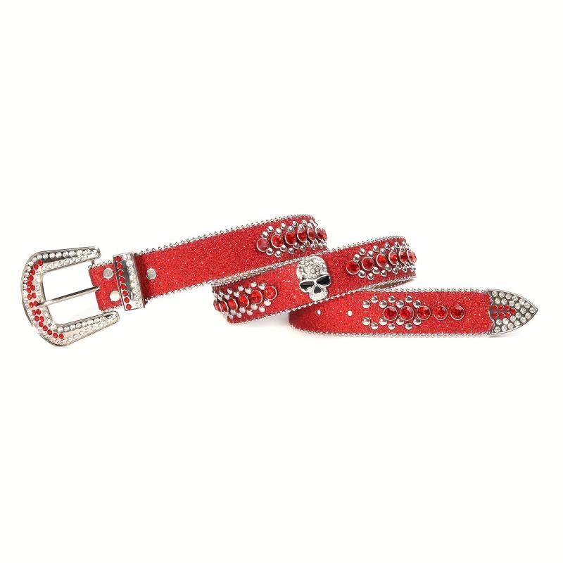 Red Rhinestone Hip Hop Belt Skull Rivet Decor Glitter Sparkling PU Leather Belt