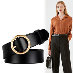 Round Buckle Leather Belt Women's Cowhide Casual Waist Belt