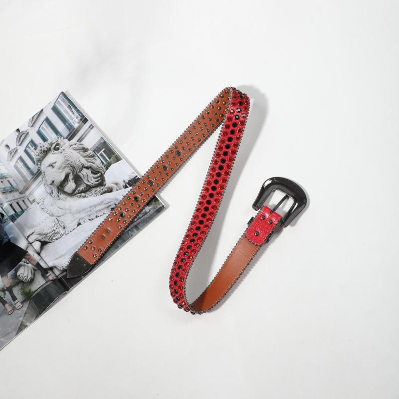 Red Y2K Rhinestone Belt Punk PU Leather Hip Hop Cowboy Cowgirl Belt