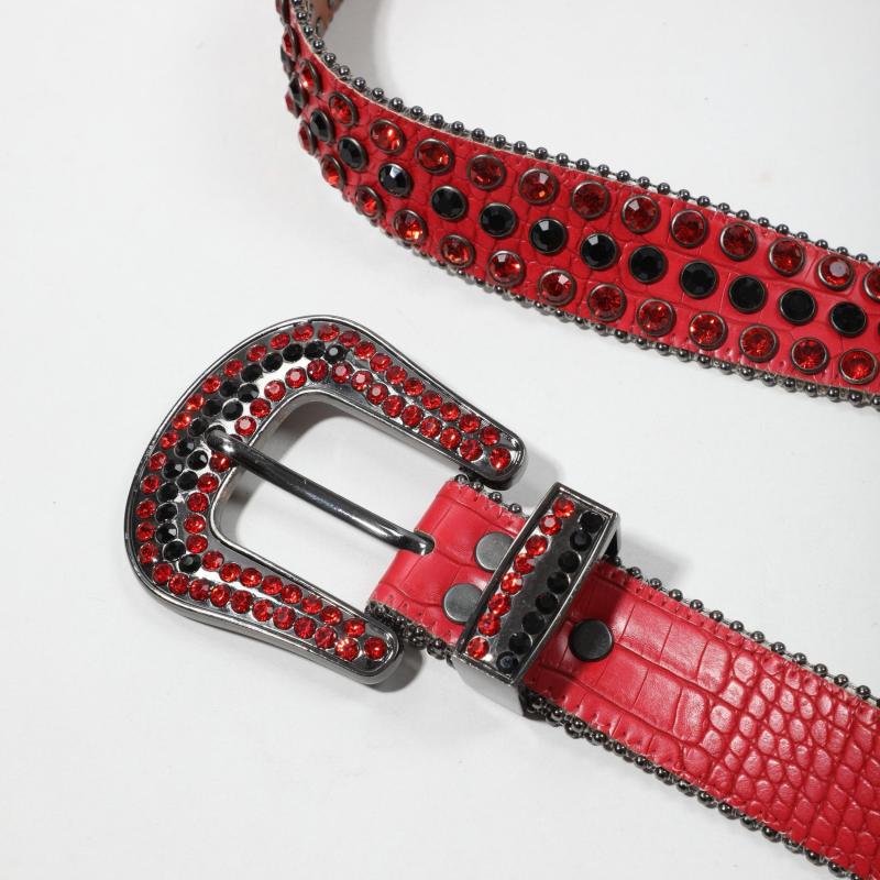 Red Y2K Rhinestone Belt Punk PU Leather Hip Hop Cowboy Cowgirl Belt
