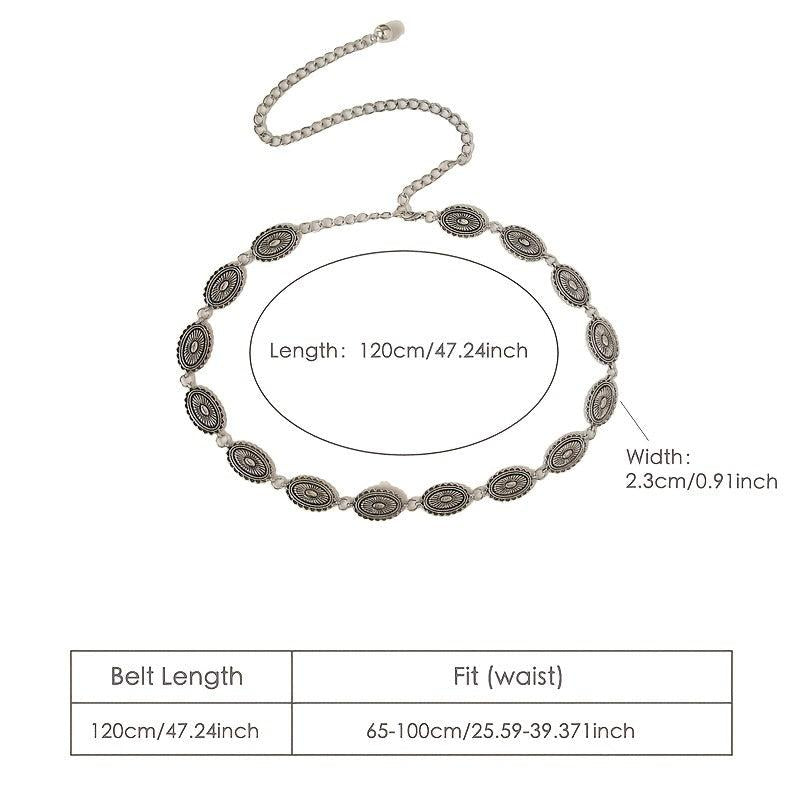Vintage Engraved Metal Waist Chain Beaded Pendant Skinny Waist Belt