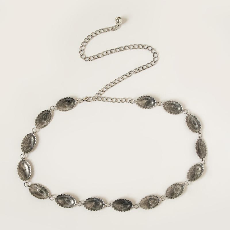 Vintage Engraved Metal Waist Chain Beaded Pendant Skinny Waist Belt