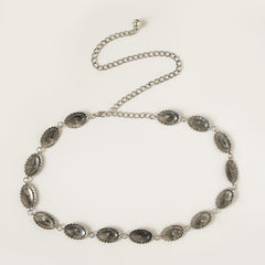 Vintage Engraved Metal Waist Chain Beaded Pendant Skinny Waist Belt