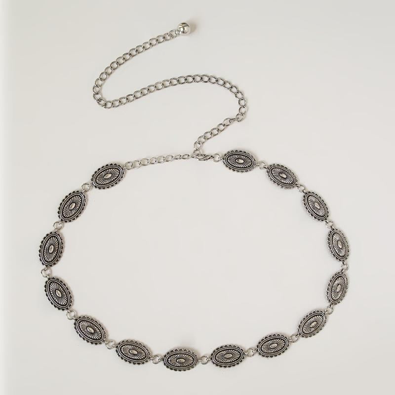 Vintage Engraved Metal Waist Chain Beaded Pendant Skinny Waist Belt