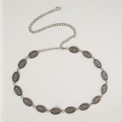 Vintage Engraved Metal Waist Chain Beaded Pendant Skinny Waist Belt