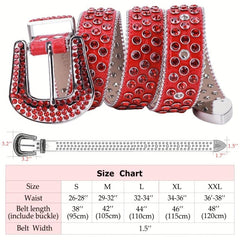 Red Sparkle Rhinestone Belts Western Cowboy Cowgirl Hip Hop Punk Studded PU Leat