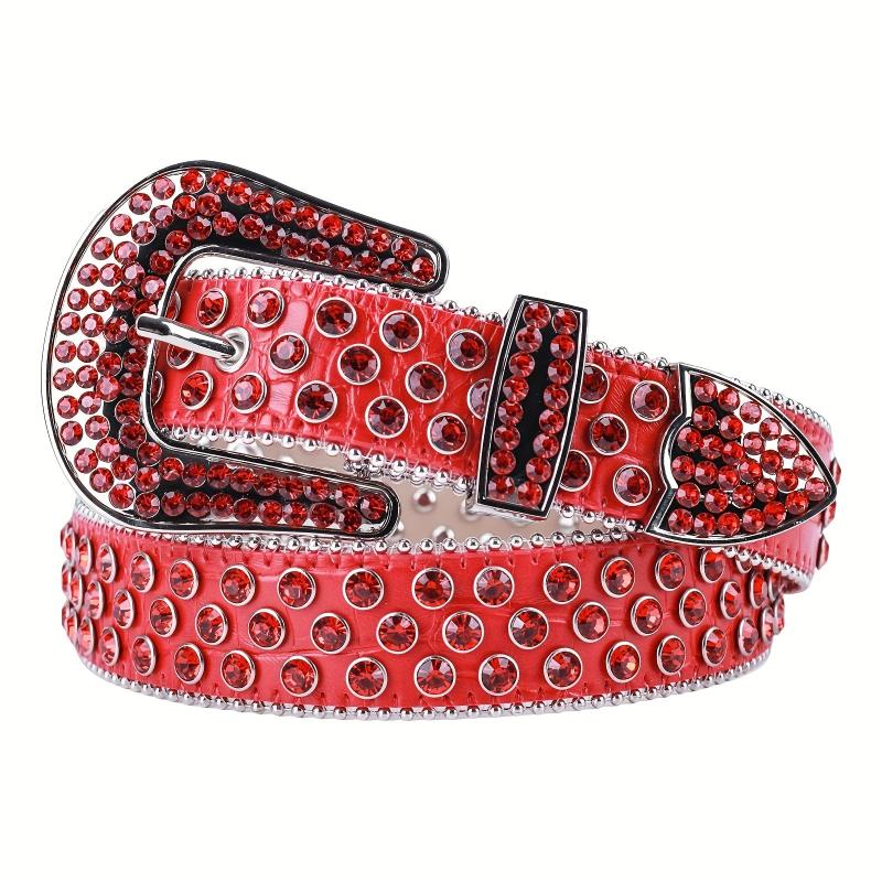 Red Sparkle Rhinestone Belts Western Cowboy Cowgirl Hip Hop Punk Studded PU Leat