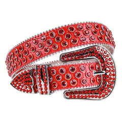 Red Sparkle Rhinestone Belts Western Cowboy Cowgirl Hip Hop Punk Studded PU Leat