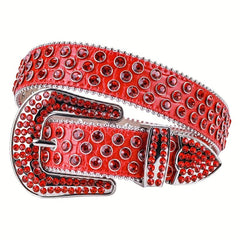 Red Sparkle Rhinestone Belts Western Cowboy Cowgirl Hip Hop Punk Studded PU Leat