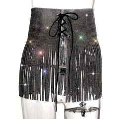 Rhinestone Tassel Skirt Belt Y2K Sparkly Wrap Sexy Fringe Waistband