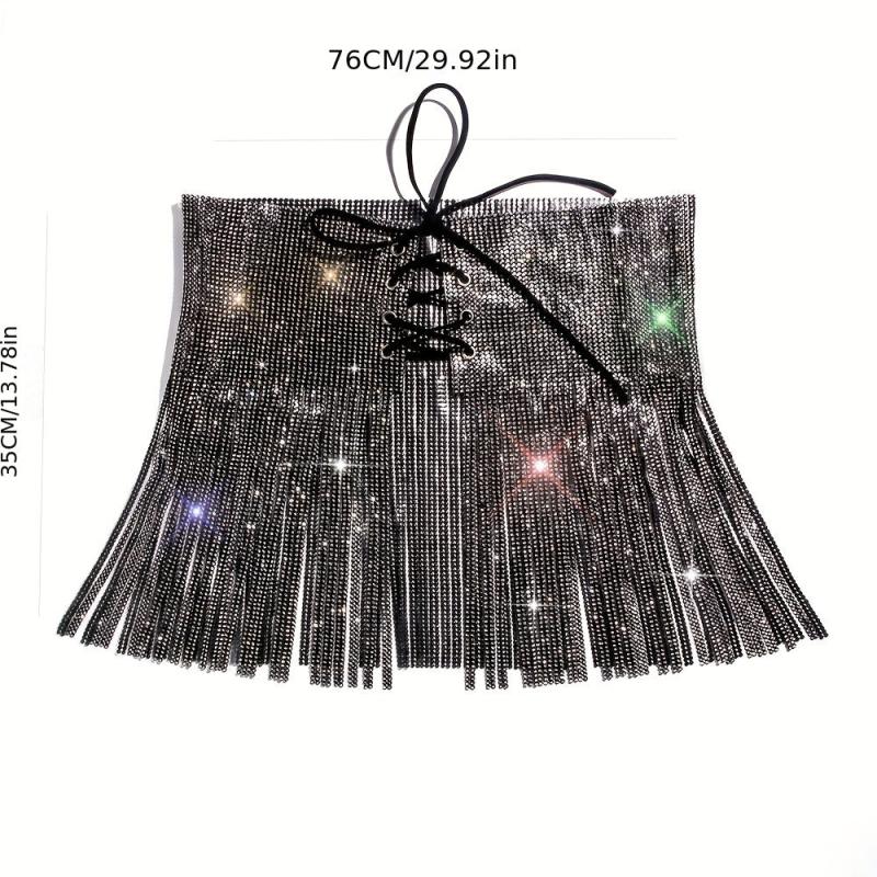 Rhinestone Tassel Skirt Belt Y2K Sparkly Wrap Sexy Fringe Waistband