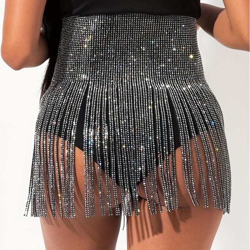 Rhinestone Tassel Skirt Belt Y2K Sparkly Wrap Sexy Fringe Waistband
