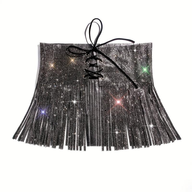 Rhinestone Tassel Skirt Belt Y2K Sparkly Wrap Sexy Fringe Waistband