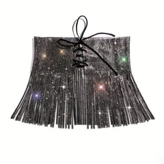 Rhinestone Tassel Skirt Belt Y2K Sparkly Wrap Sexy Fringe Waistband