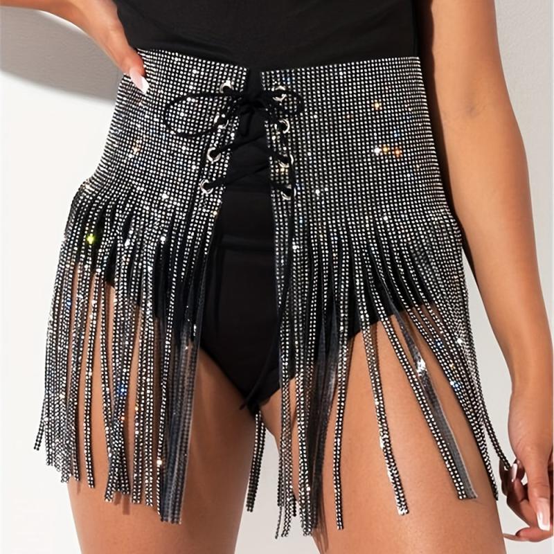 Rhinestone Tassel Skirt Belt Y2K Sparkly Wrap Sexy Fringe Waistband