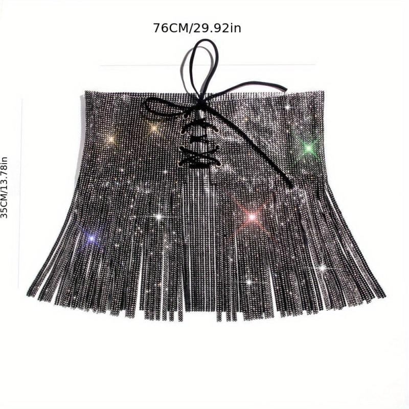 Rhinestone Tassel Skirt Belt Y2K Sparkly Wrap Sexy Fringe Waistband