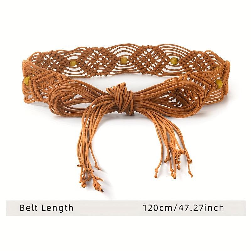 Boho Bowknot Sash Belt Vintage Hollow Braided Wax Rope Waistband